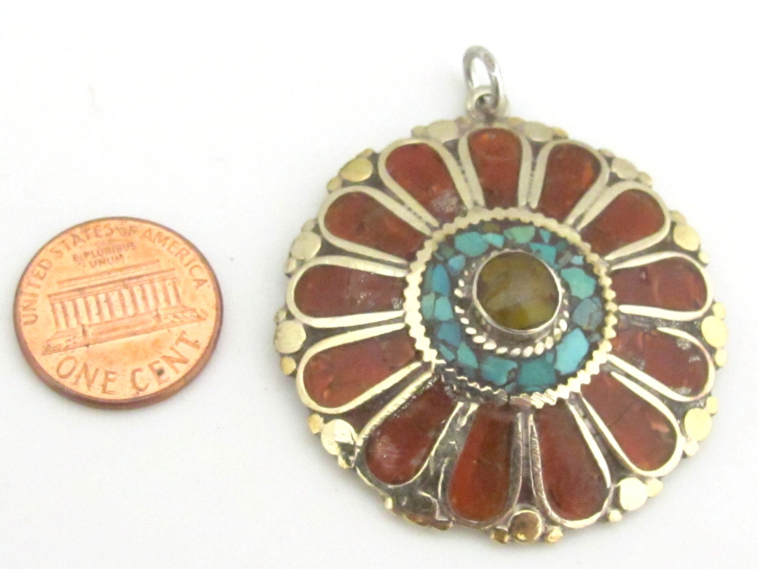1 pendant - Ethnic floral Shield design Tibetan brass pendant with copal , coral and turquoise inlay - PM279A