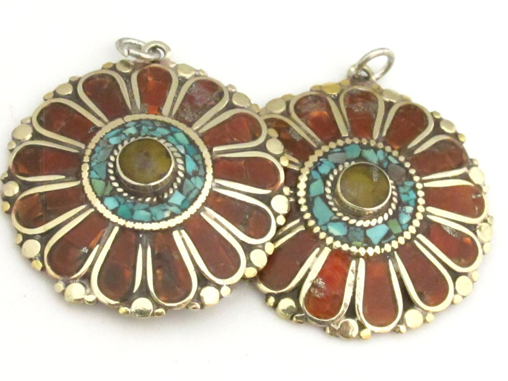 1 pendant - Ethnic floral Shield design Tibetan brass pendant with copal , coral and turquoise inlay - PM279A