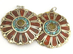 1 pendant - Ethnic floral Shield design Tibetan brass pendant with copal , coral and turquoise inlay - PM279A