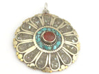 1 pendant - Ethnic floral Shield design Tibetan brass pendant with coral , turquoise and shell inlay - PM279B