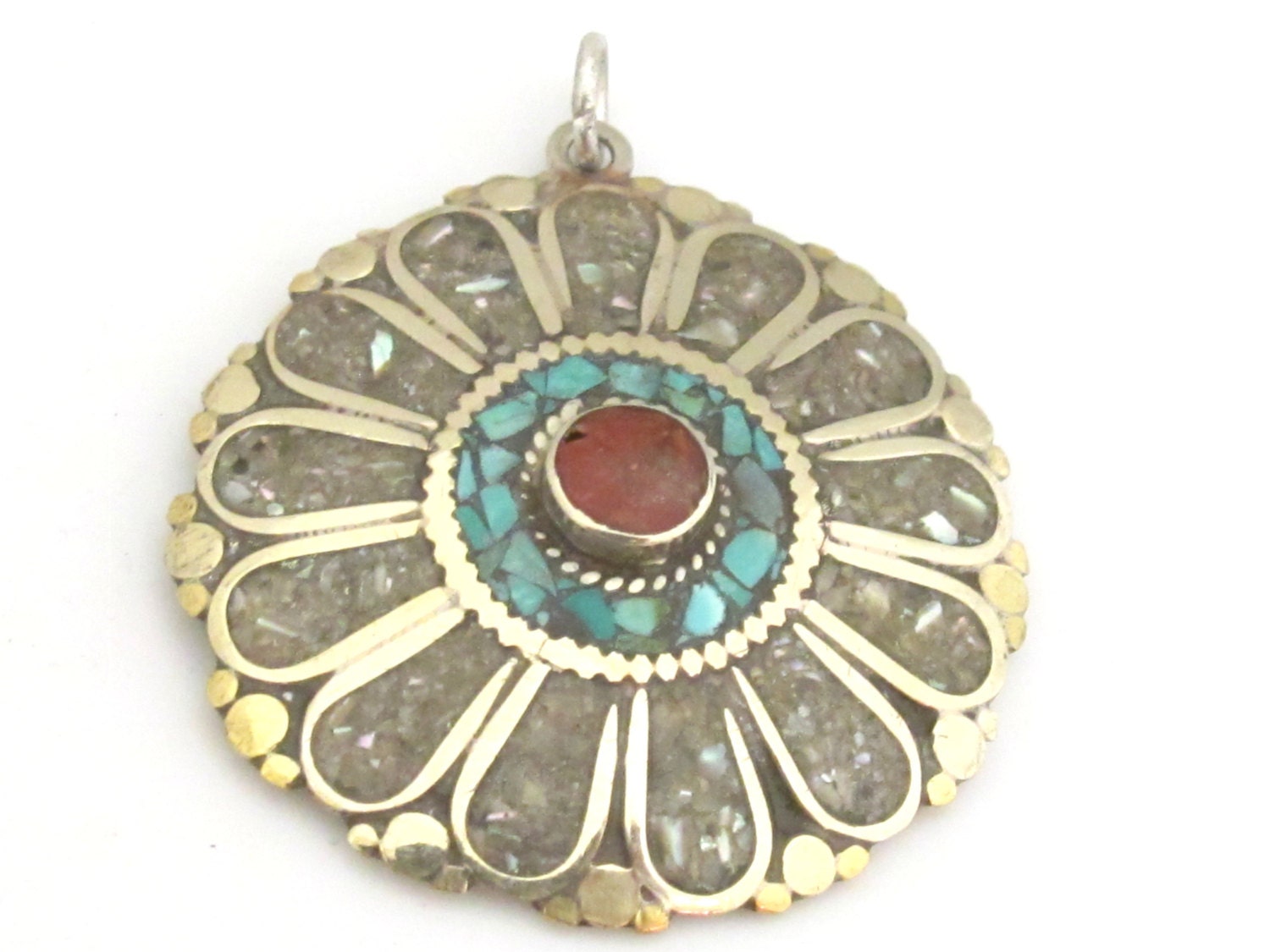 1 pendant - Ethnic floral Shield design Tibetan brass pendant with coral , turquoise and shell inlay - PM279B
