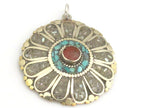1 pendant - Ethnic floral Shield design Tibetan brass pendant with coral , turquoise and shell inlay - PM279B