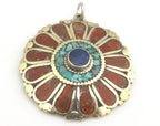 1 pendant - Ethnic floral Shield design Tibetan brass pendant with coral , turquoise and lapis inlay - PM279C