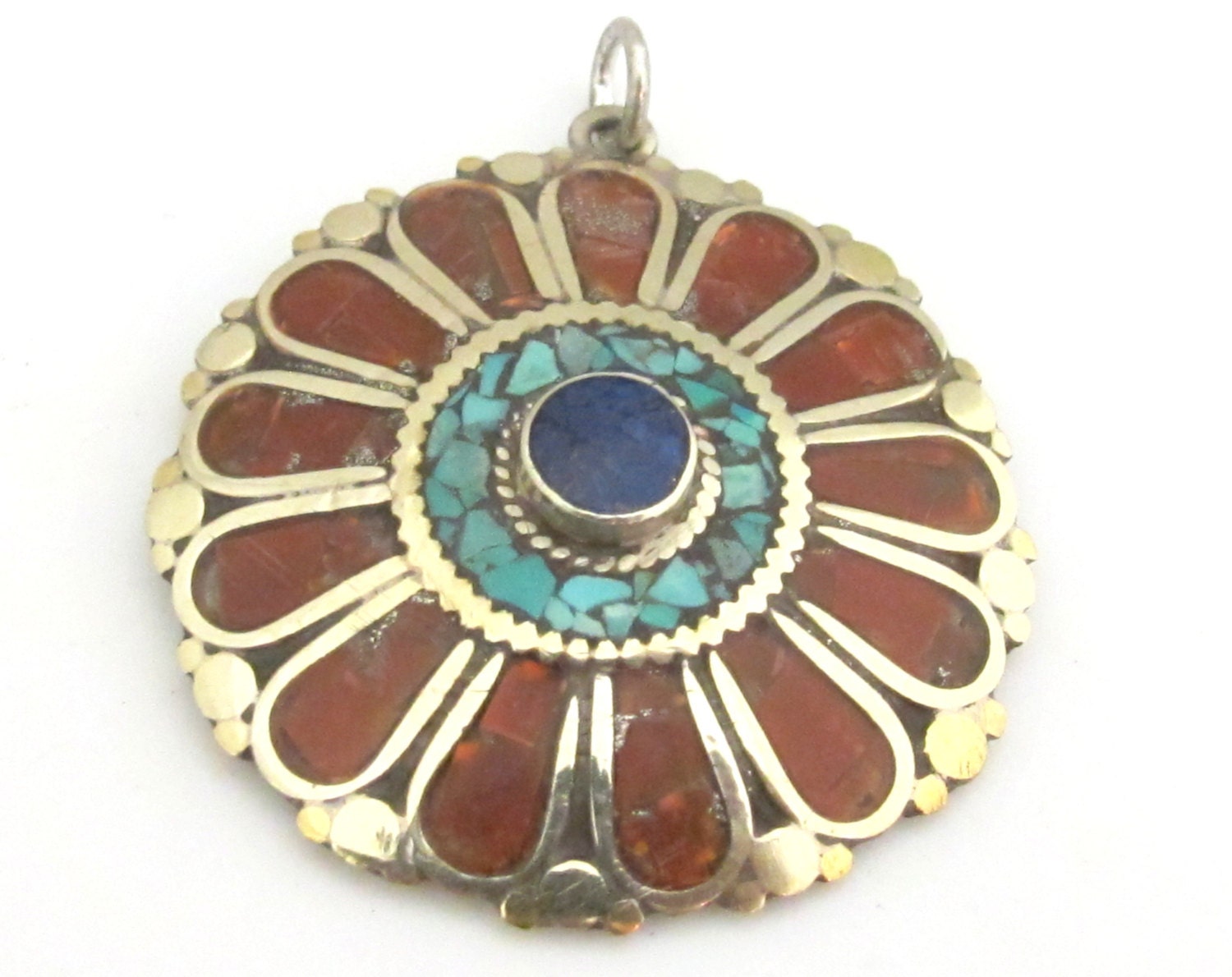 1 pendant - Ethnic floral Shield design Tibetan brass pendant with coral , turquoise and lapis inlay - PM279C
