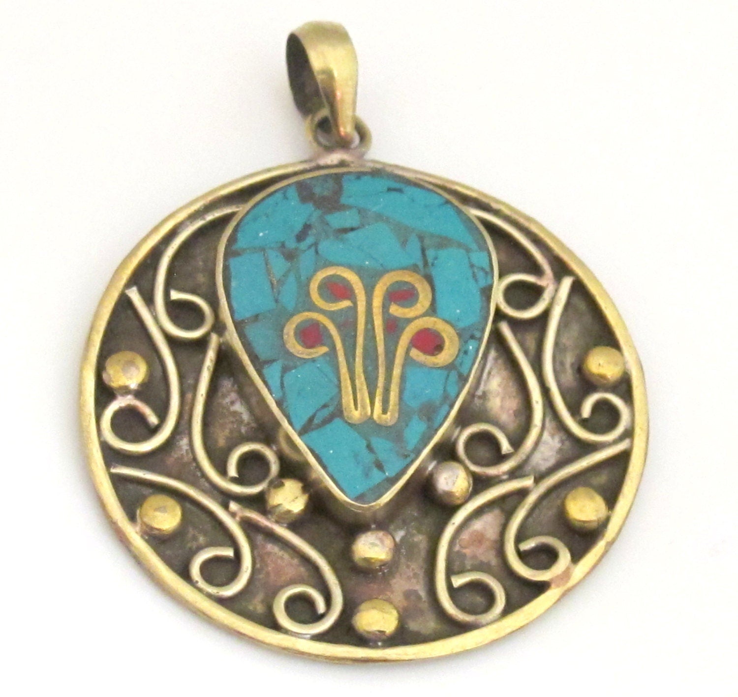 Tibetan round brass filigree turquoise pendant with flower design - PM282