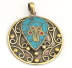Tibetan round brass filigree turquoise pendant with flower design - PM282