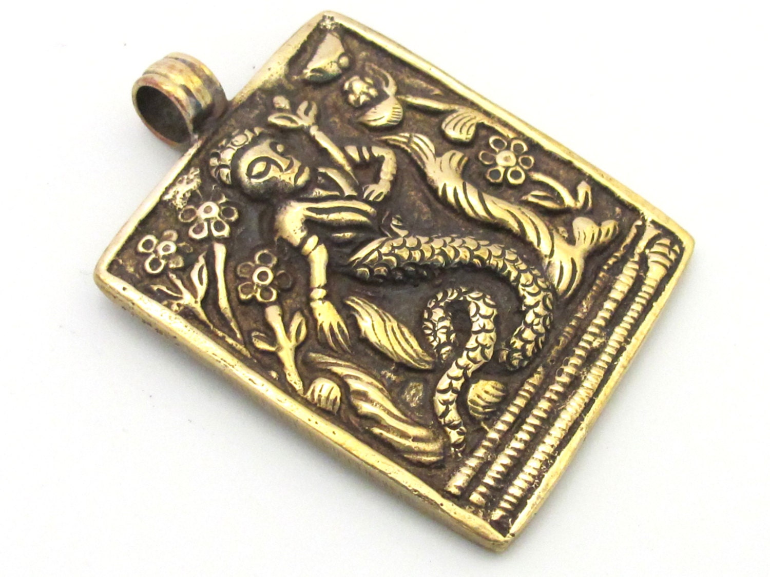 1 Pendant - Beautiful Reversible Tibetan solid Brass Mermaid pendant with reverse Lotus flower motif unique mermaid jewelry - CP073