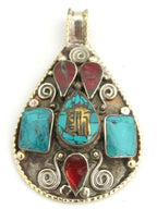 Large Teardrop shape Tibetan Kalachakra mantra pendant with spiral filigree - PM285A