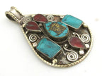 Large Teardrop shape Tibetan Kalachakra mantra pendant with spiral filigree - PM285A
