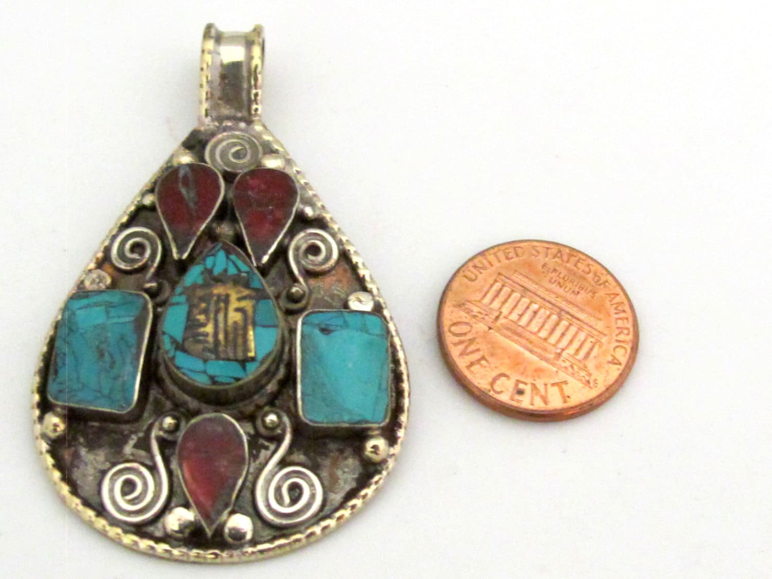 Large Teardrop shape Tibetan Kalachakra mantra pendant with spiral filigree - PM285A