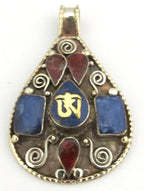 Large Teardrop shape Tibetan Om mantra pendant with spiral filigree lapis coral inlay - PM285B