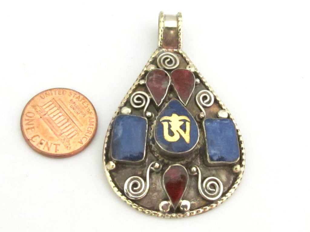 Large Teardrop shape Tibetan Om mantra pendant with spiral filigree lapis coral inlay - PM285B