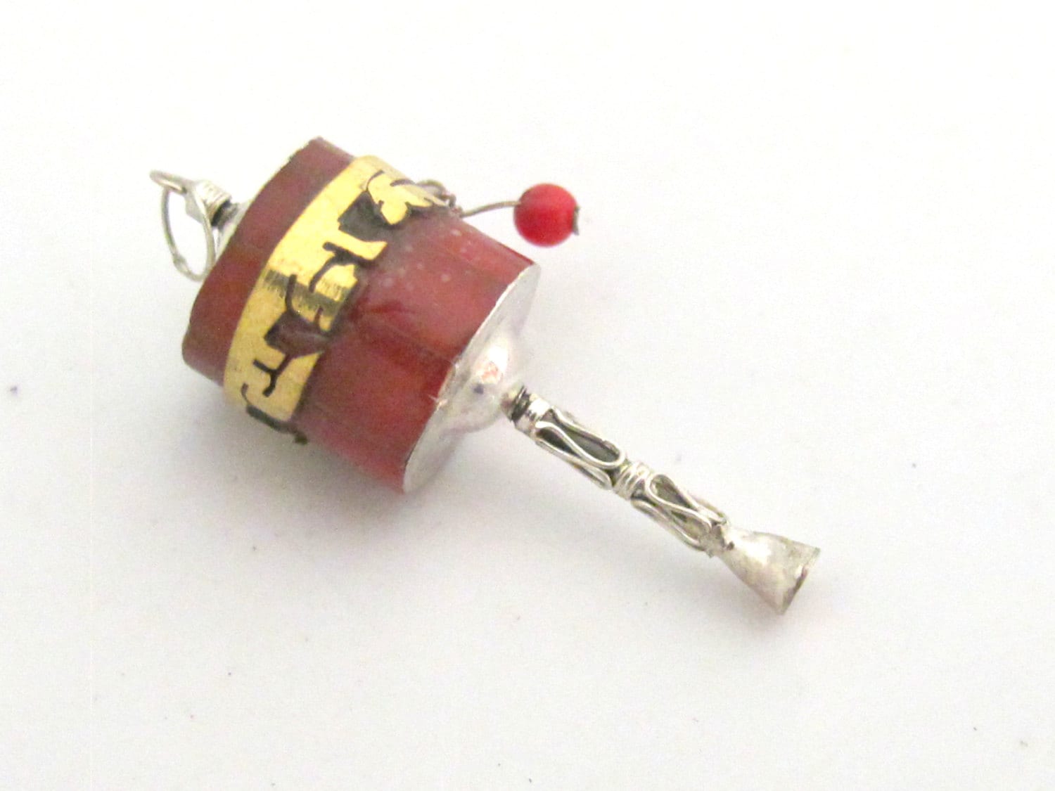 1 Charm - Small size Sterling silver spinnable prayer wheel om mani padme hum mantra pendant with coral and brass inlay- SP035A