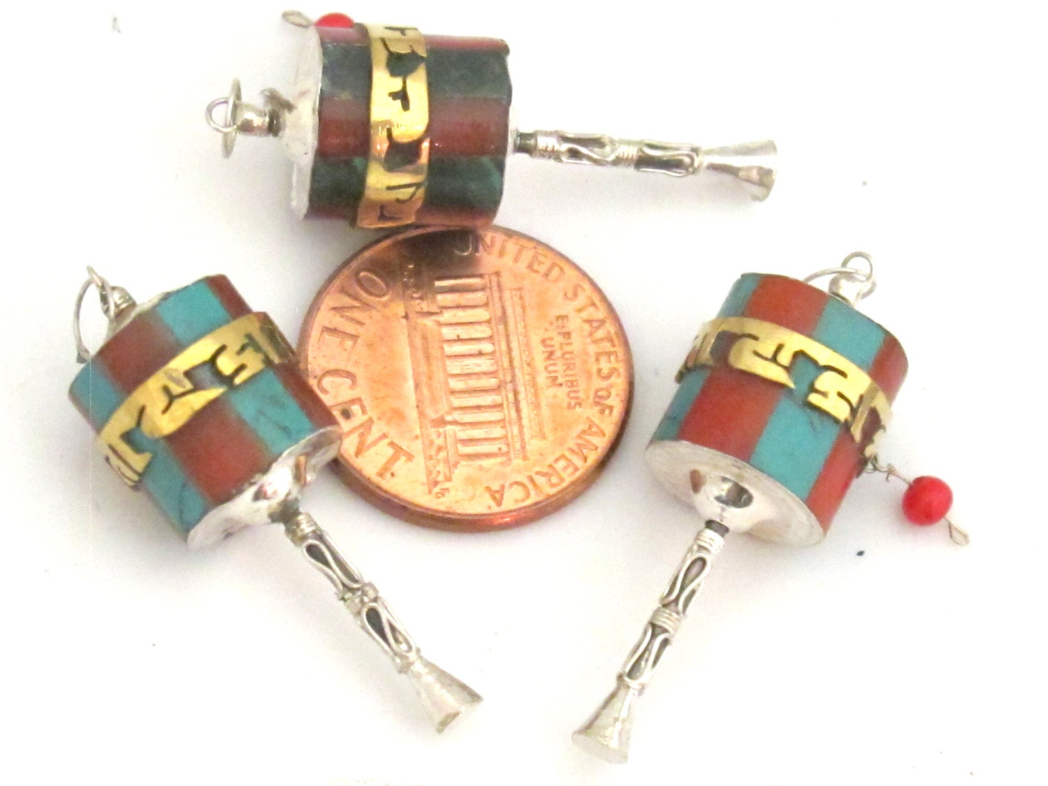 1 Charm - Small size Sterling silver spinnable prayer wheel om mantra pendant with turquoise coral and brass inlay- SP035B