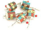 1 Charm - Small size Sterling silver spinnable prayer wheel om mantra pendant with turquoise coral and brass inlay- SP035B