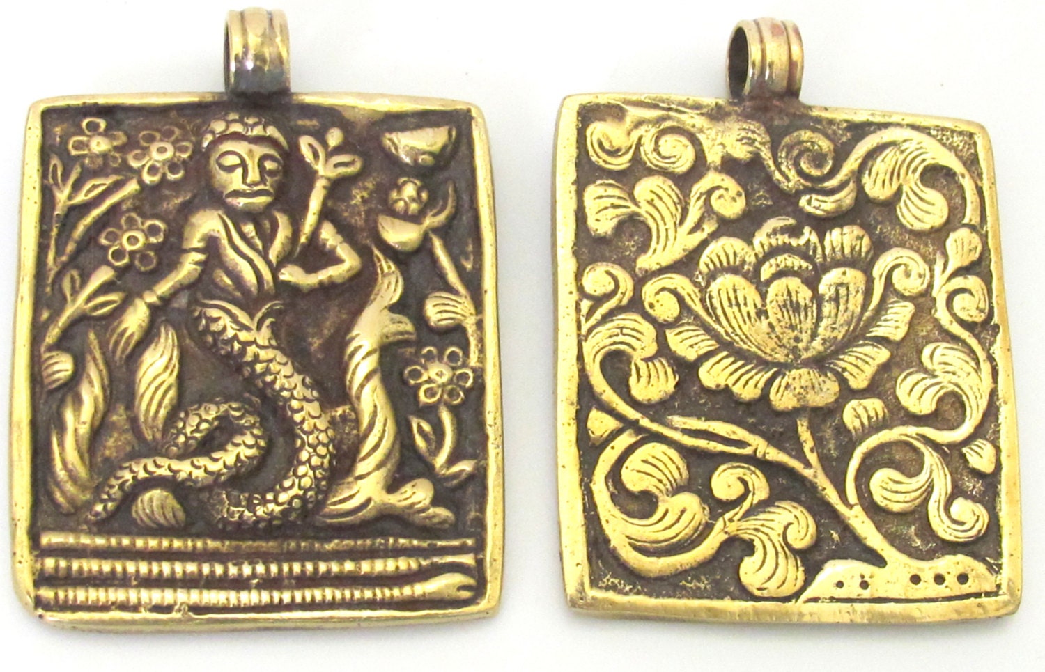 1 Pendant - Beautiful Reversible Tibetan solid Brass Mermaid pendant with reverse Lotus flower motif unique mermaid jewelry - CP073