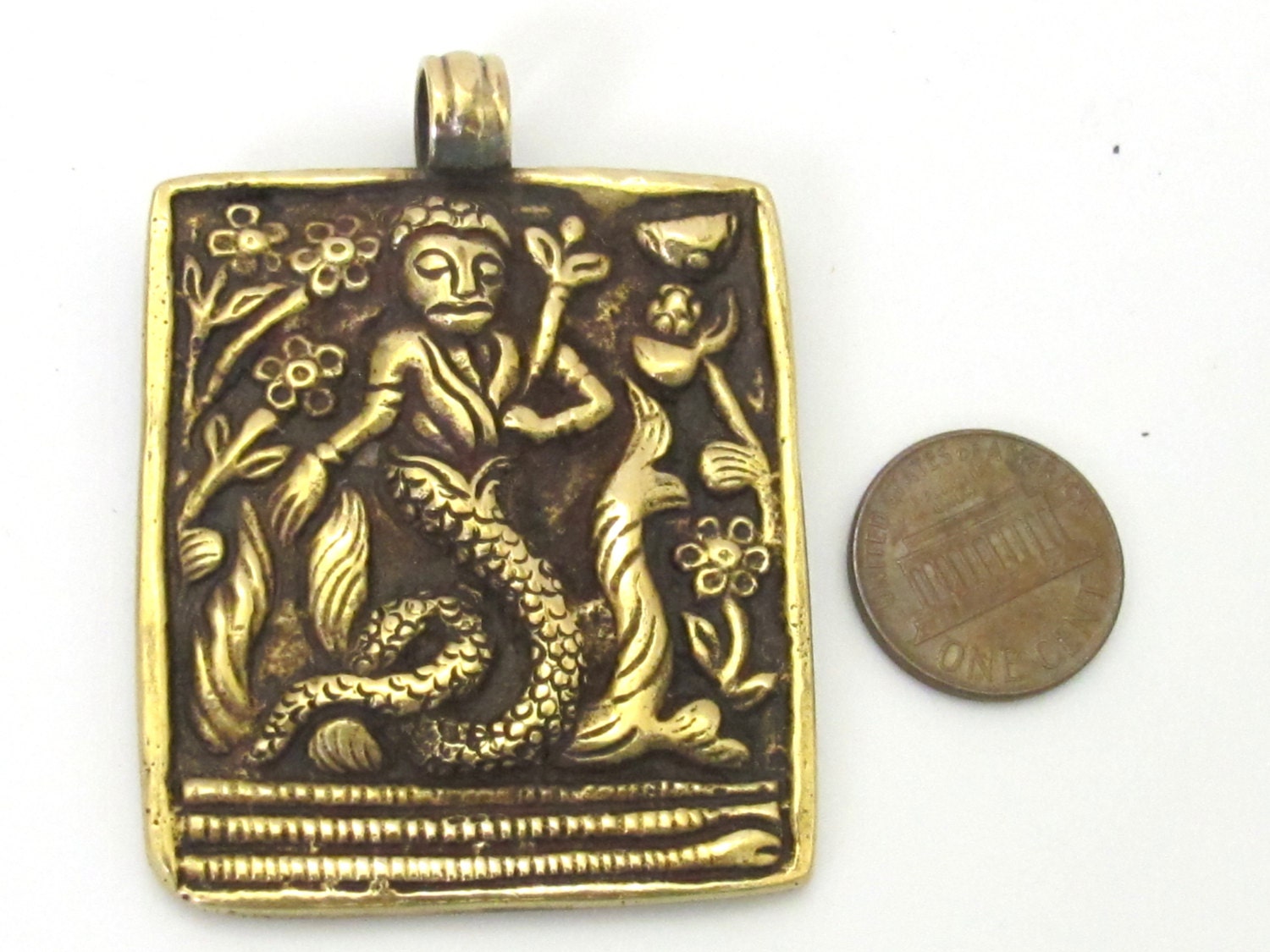 1 Pendant - Beautiful Reversible Tibetan solid Brass Mermaid pendant with reverse Lotus flower motif unique mermaid jewelry - CP073