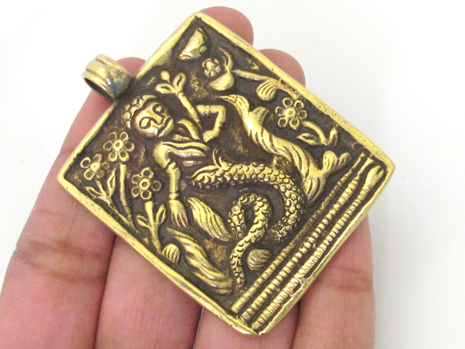 1 Pendant - Beautiful Reversible Tibetan solid Brass Mermaid pendant with reverse Lotus flower motif unique mermaid jewelry - CP073