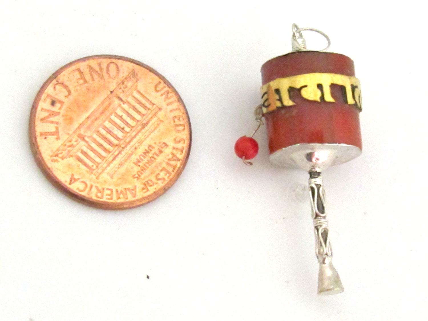 1 Charm - Small size Sterling silver spinnable prayer wheel om mani padme hum mantra pendant with coral and brass inlay- SP035A