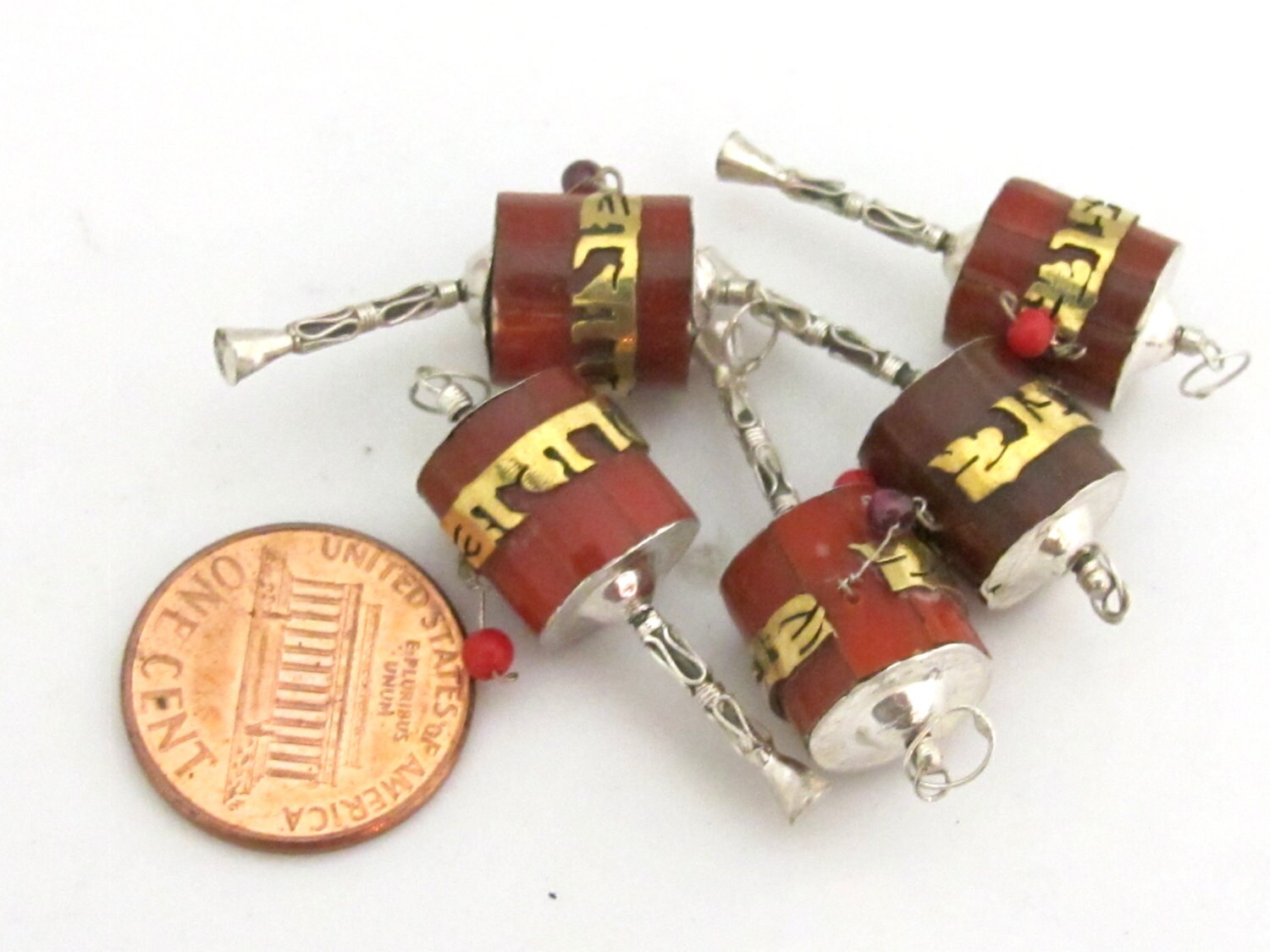 1 Charm - Small size Sterling silver spinnable prayer wheel om mani padme hum mantra pendant with coral and brass inlay- SP035A