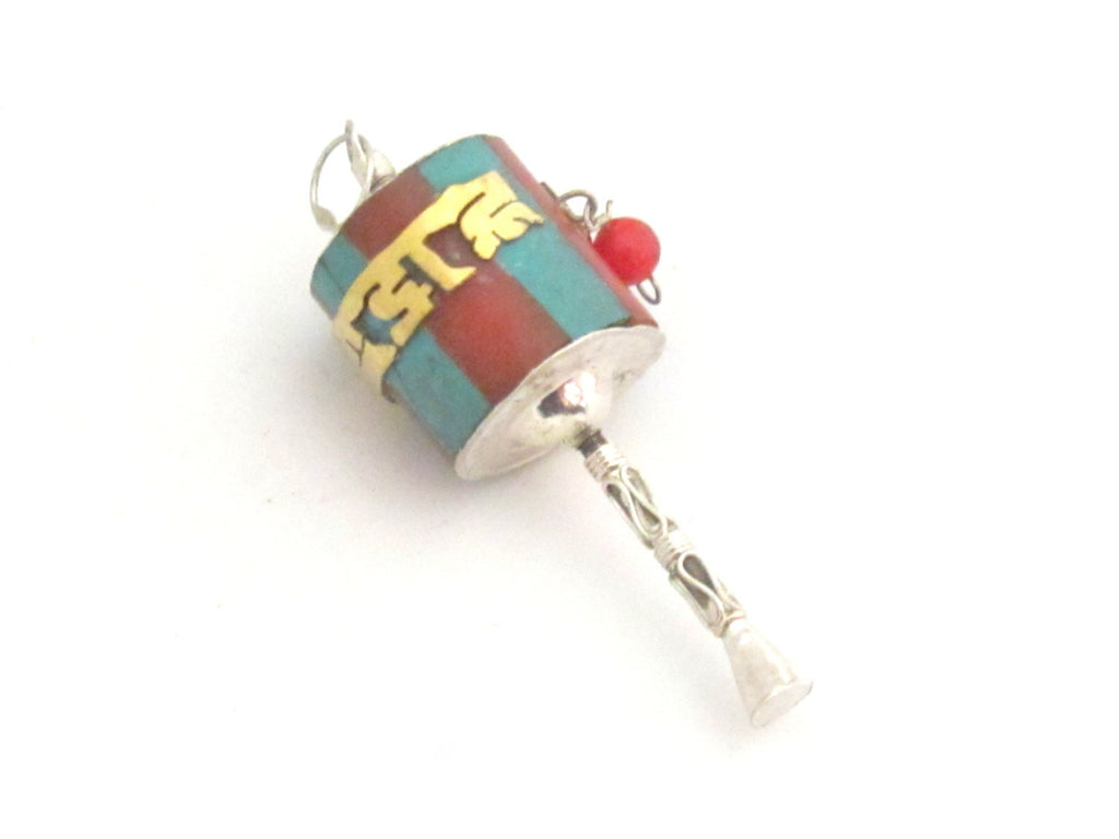 1 Charm - Small size Sterling silver spinnable prayer wheel om mantra pendant with turquoise coral and brass inlay- SP035B