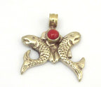 1 pendant - Two golden fish auspicious Buddhist symbol charm Tibetan silver pendant - PM286A