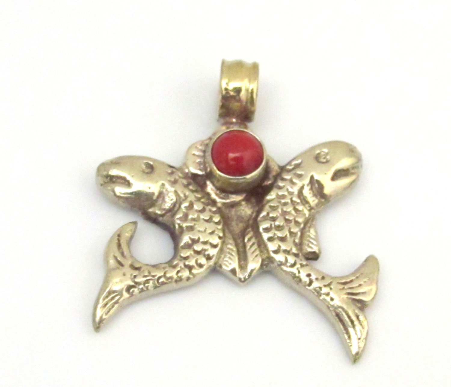 1 pendant - Two golden fish auspicious Buddhist symbol charm Tibetan silver pendant - PM286A