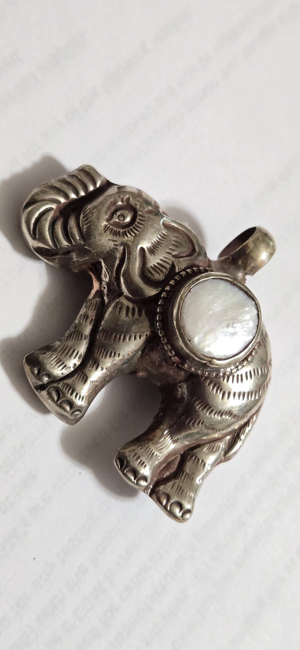 Elephant Pendant with white Pearl Inlay | Repousse Design | Large animal Nepal Pendant for Jewelry Making PM438T1