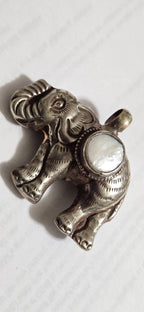 Elephant Pendant with white Pearl Inlay | Repousse Design | Large animal Nepal Pendant for Jewelry Making PM438T1