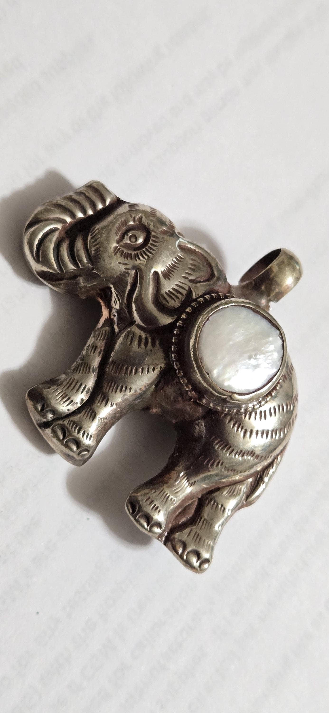 Elephant Pendant with white Pearl Inlay | Repousse Design | Large animal Nepal Pendant for Jewelry Making PM438T1