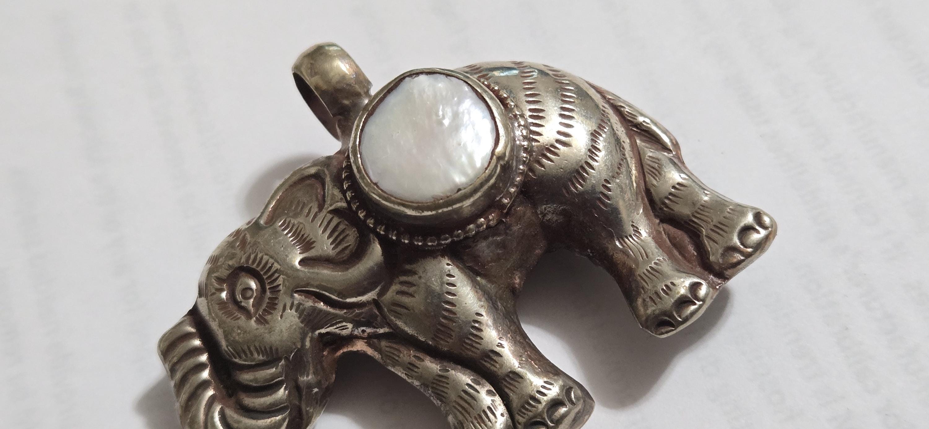 Elephant Pendant with white Pearl Inlay | Repousse Design | Large animal Nepal Pendant for Jewelry Making PM438T1