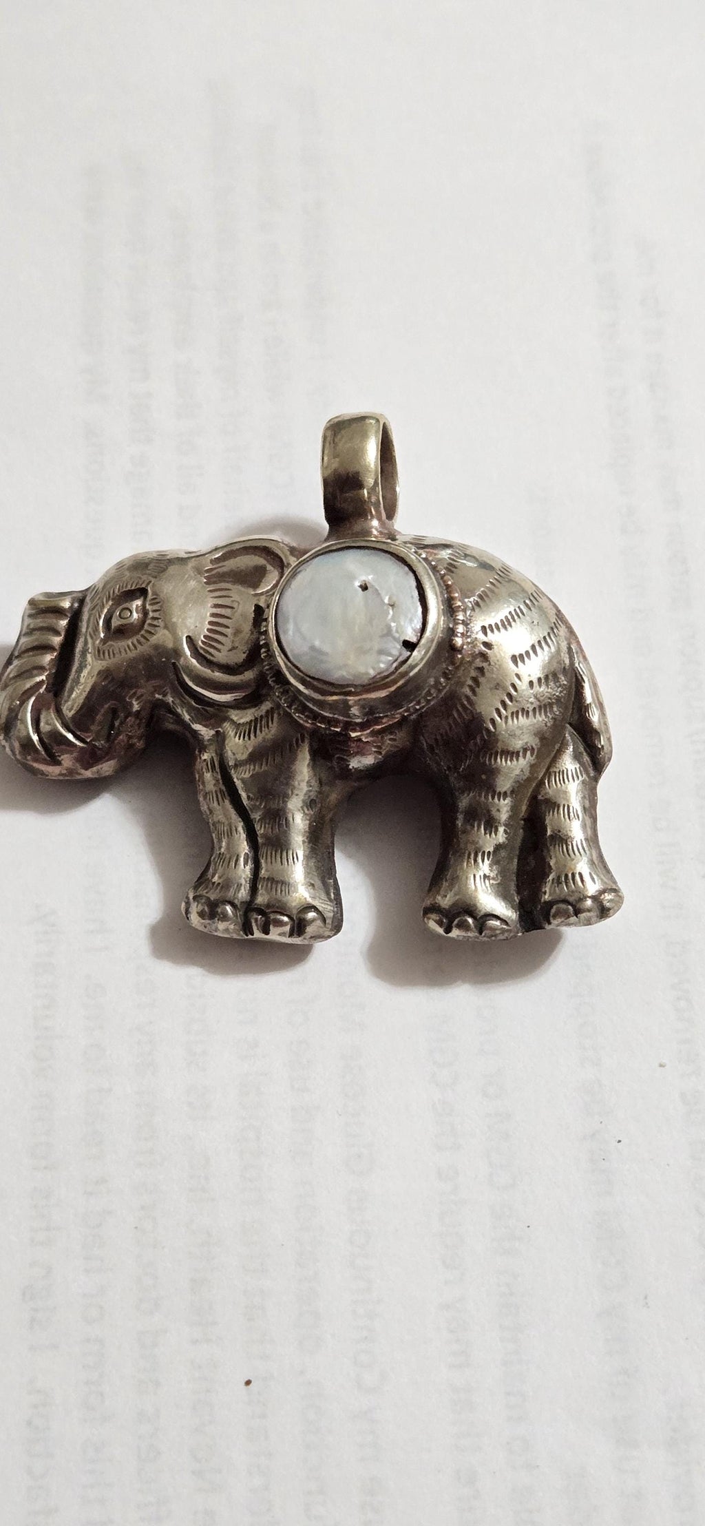 Nepal animal jewelry Elephant Pendant with white Pearl Inlay | Repousse Design | Large animal Nepal Pendant for Jewelry Making PM438T2