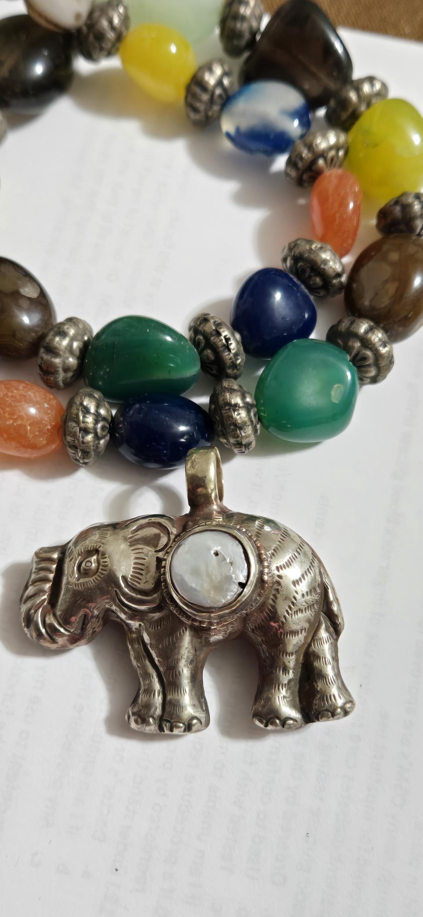 Nepal animal jewelry Elephant Pendant with white Pearl Inlay | Repousse Design | Large animal Nepal Pendant for Jewelry Making PM438T2