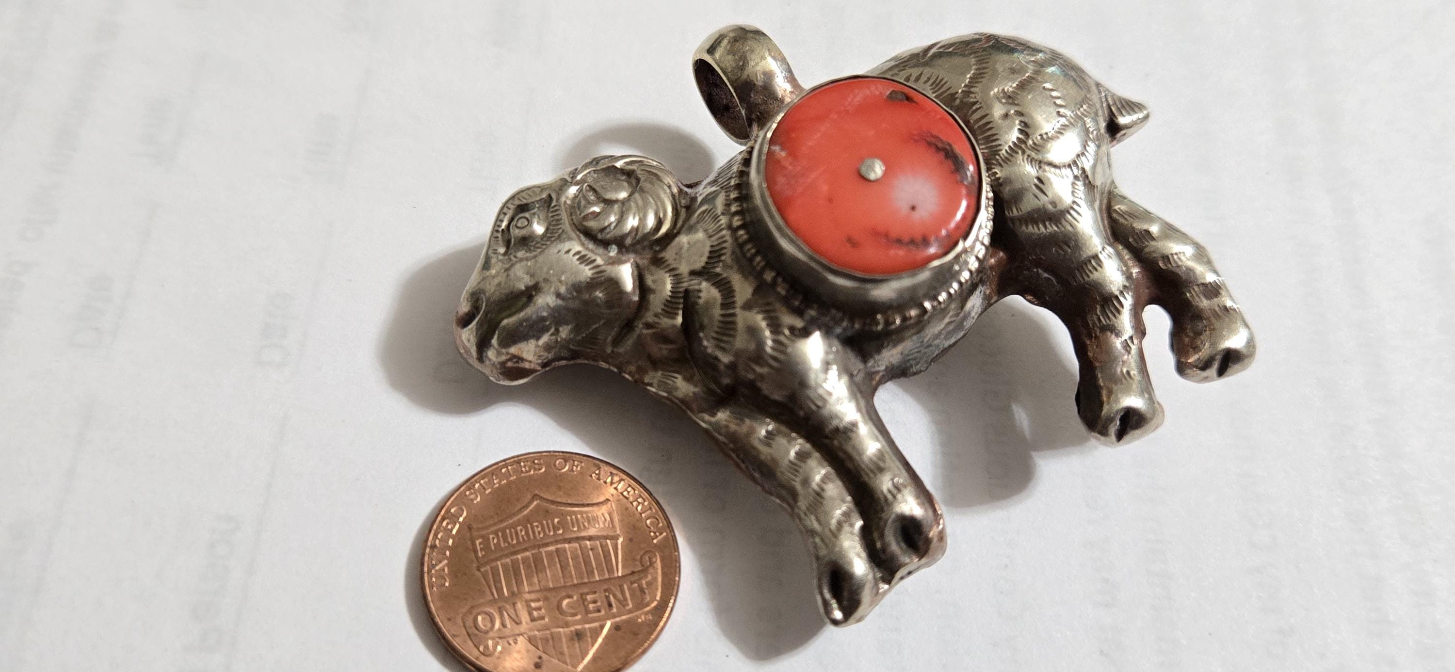 Tibetan Sheep farm animal Pendant with Coral Inlay | Repousse Animal Theme Jewelry | Ethnic Nepal Pendant PM438H2