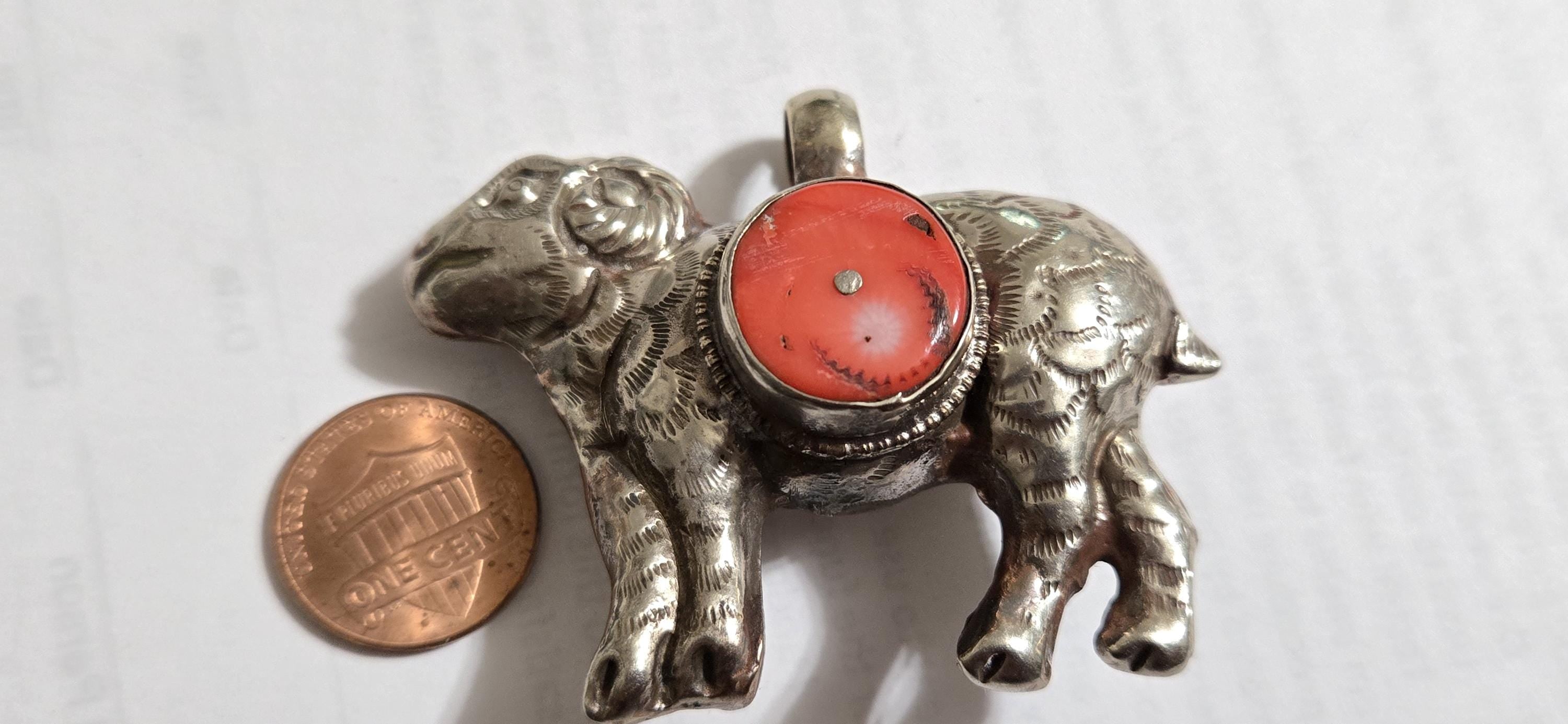 Tibetan Sheep farm animal Pendant with Coral Inlay | Repousse Animal Theme Jewelry | Ethnic Nepal Pendant PM438H2