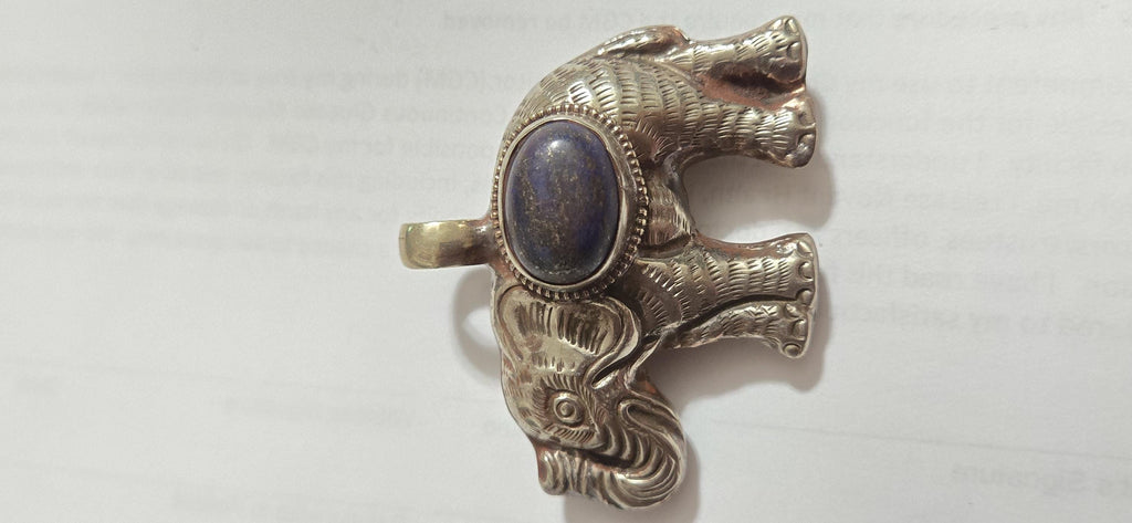 Tibetan Elephant Pendant with lapis gemstone inlay | Repousse Jewelry from Nepal | Bold Animal pendant PM438J1