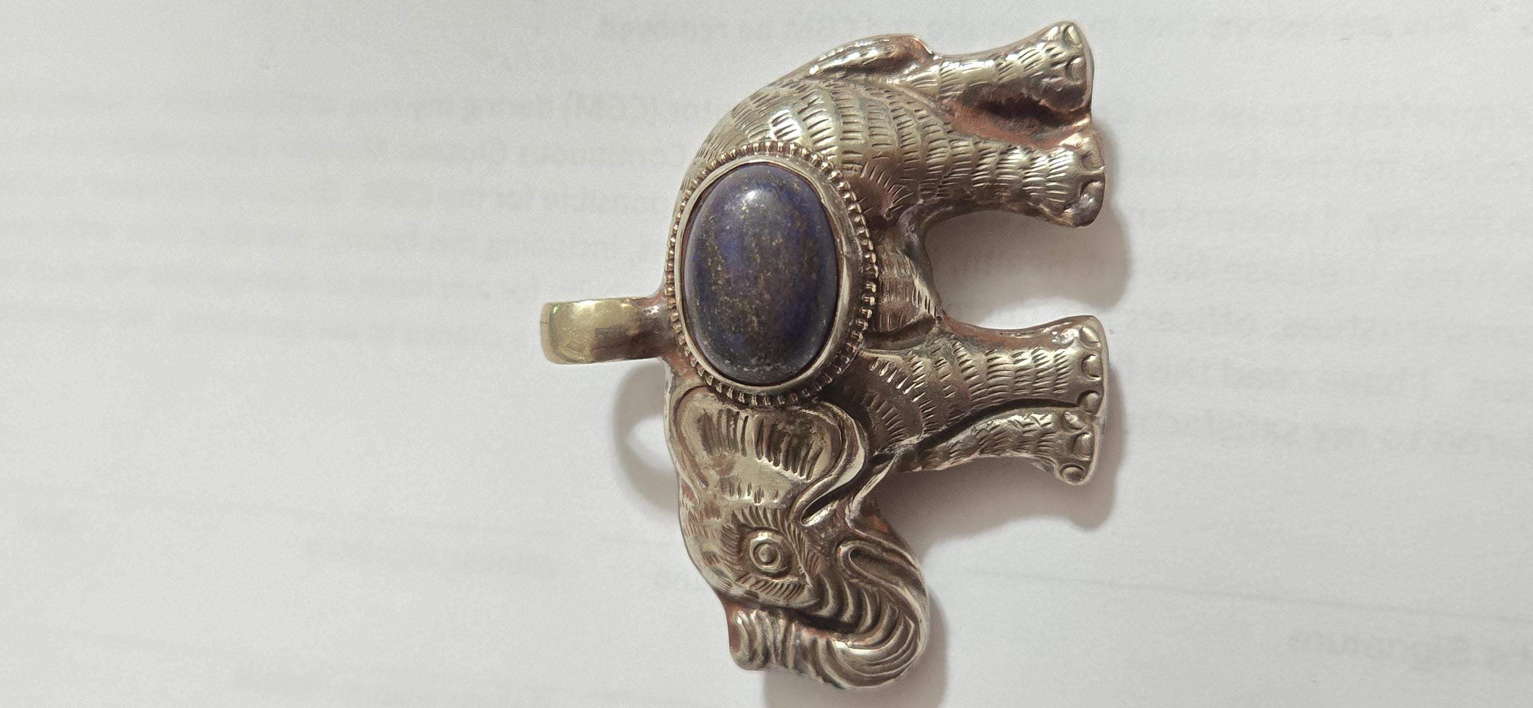 Tibetan Elephant Pendant with lapis gemstone inlay | Repousse Jewelry from Nepal | Bold Animal pendant PM438J1