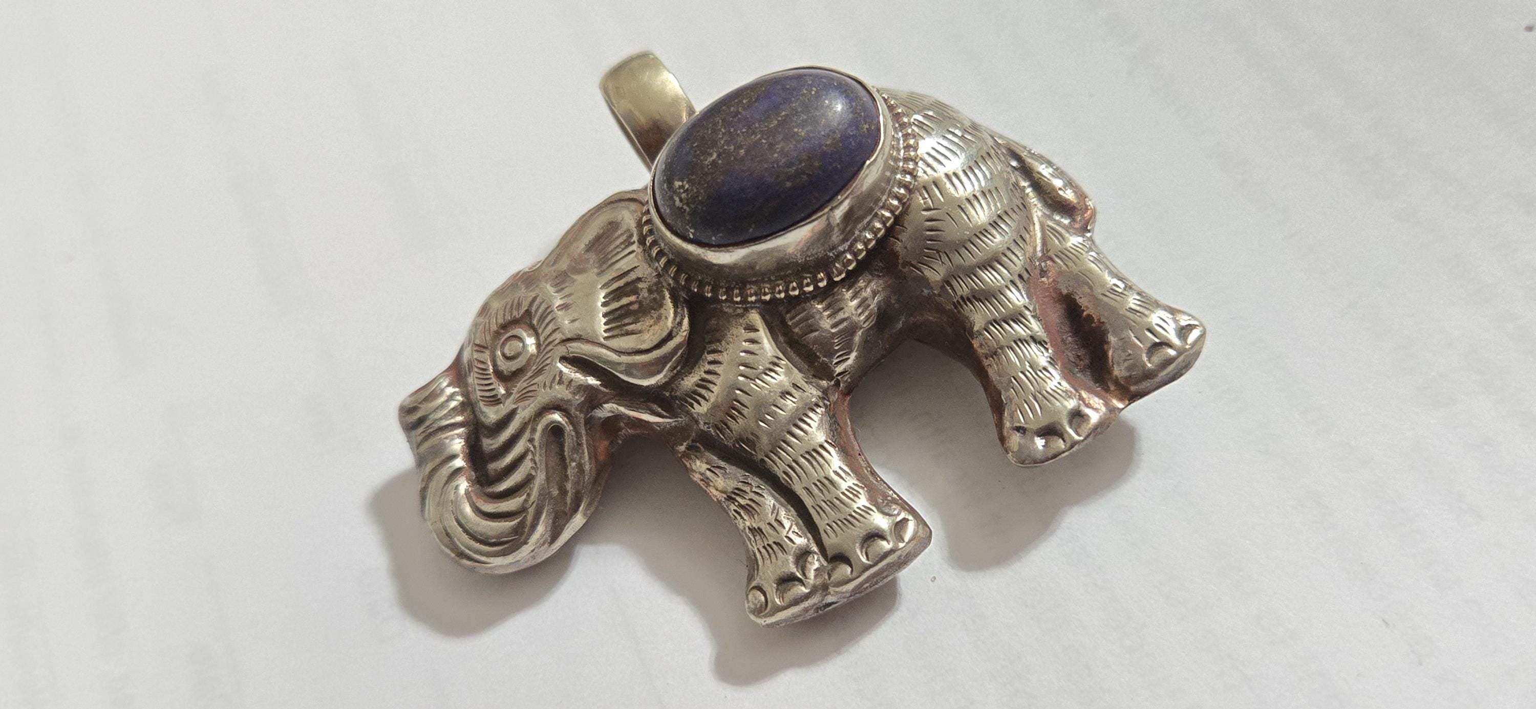 Tibetan Elephant Pendant with lapis gemstone inlay | Repousse Jewelry from Nepal | Bold Animal pendant PM438J1