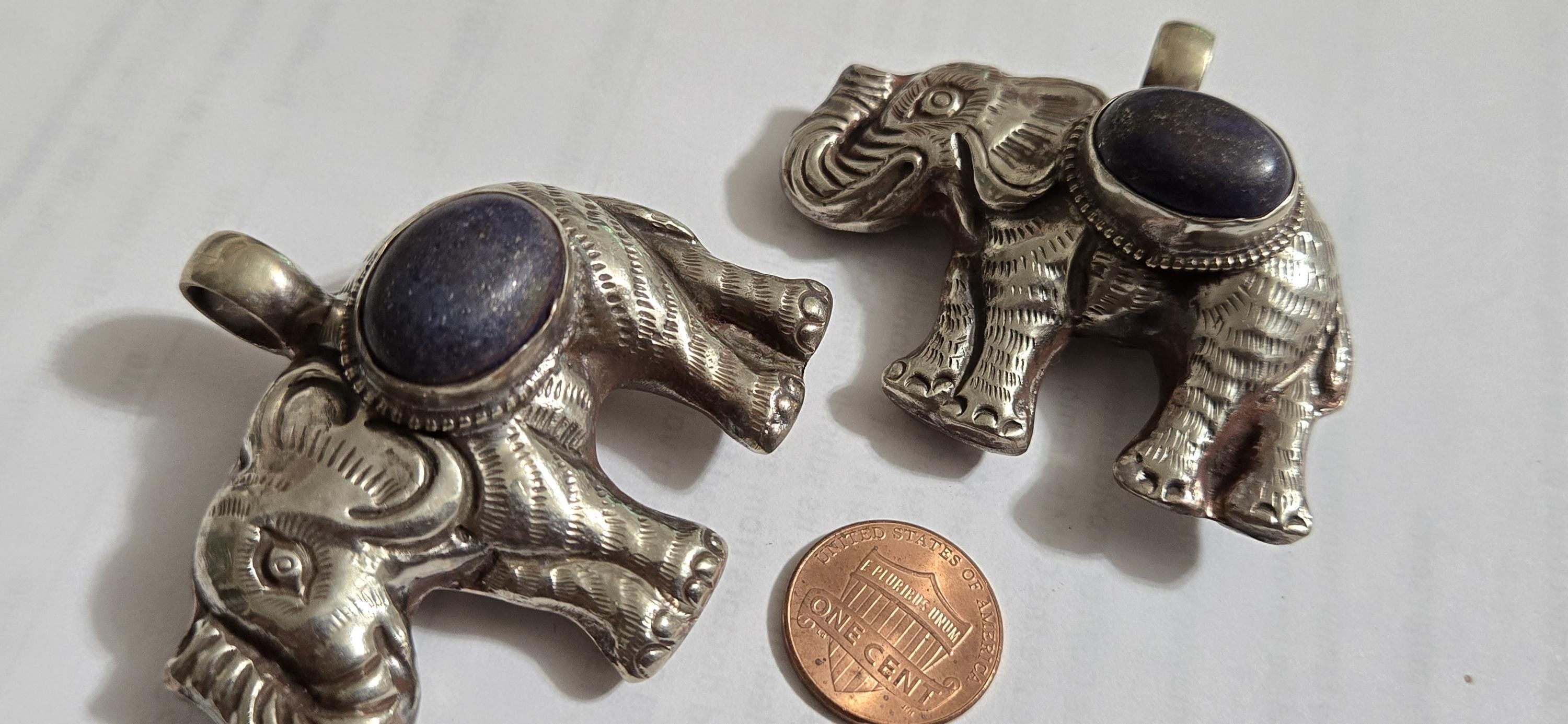 Tibetan Elephant Pendant with lapis gemstone inlay | Repousse Jewelry from Nepal | Bold Animal pendant PM438J1