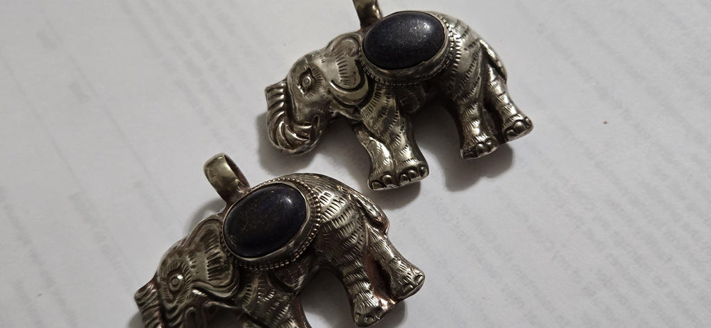Tibetan Elephant Pendant with lapis gemstone inlay | Repousse Jewelry from Nepal | Bold Animal pendant PM438J1