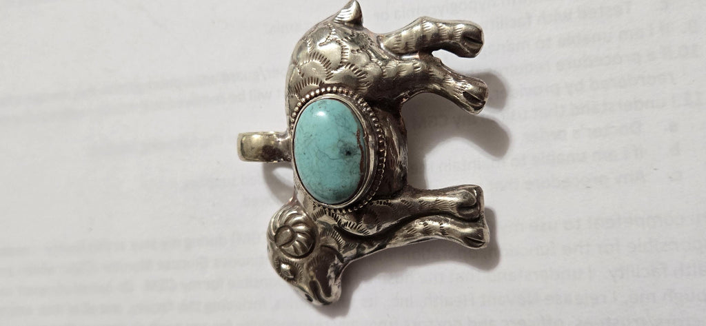 Tibetan Sheep Pendant with turquoise Inlay | Repousse Animal Theme Jewelry | Ethnic Nepal Pendant PM438B3