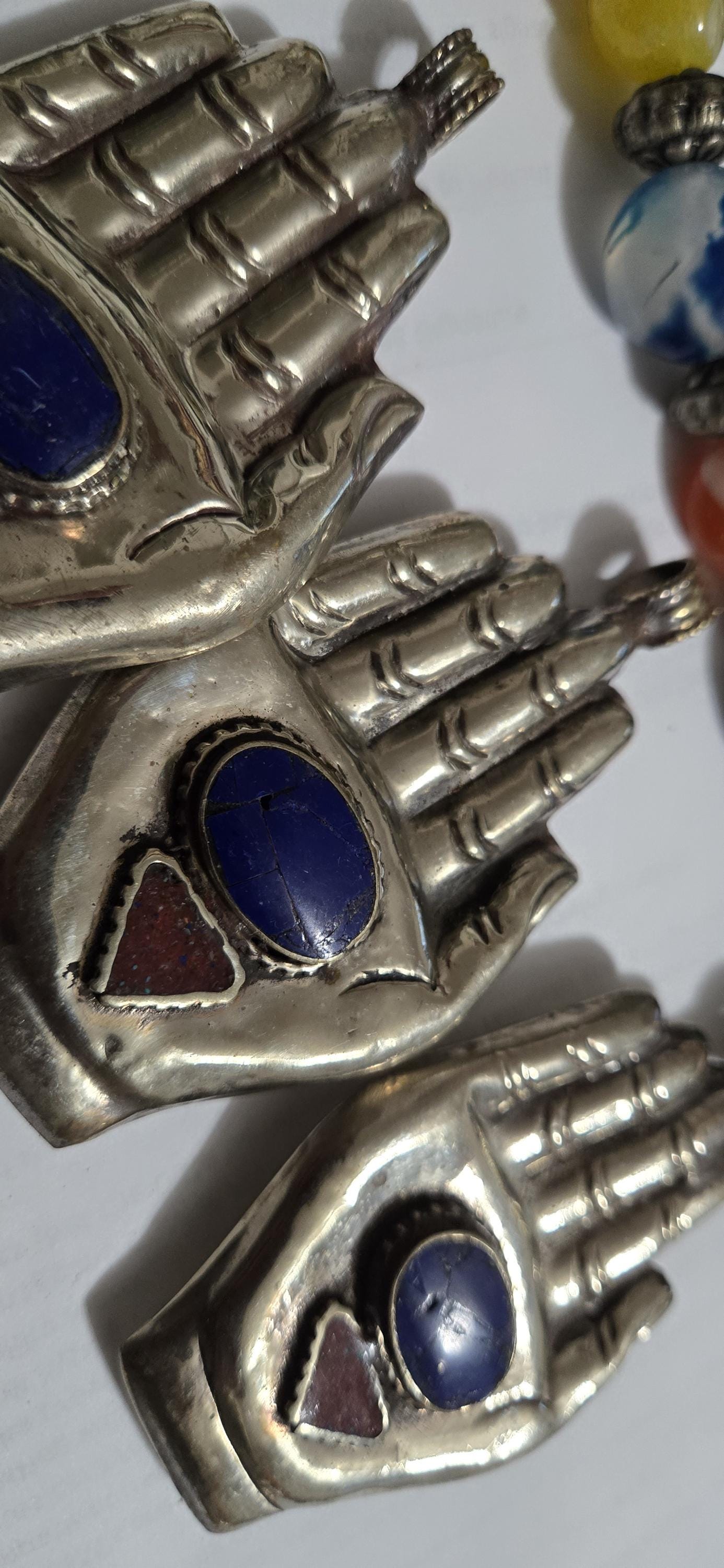 Large bold size Buddha hand lapis coral inlaid Om inscribed reversible pendant rustic finish- PM240A