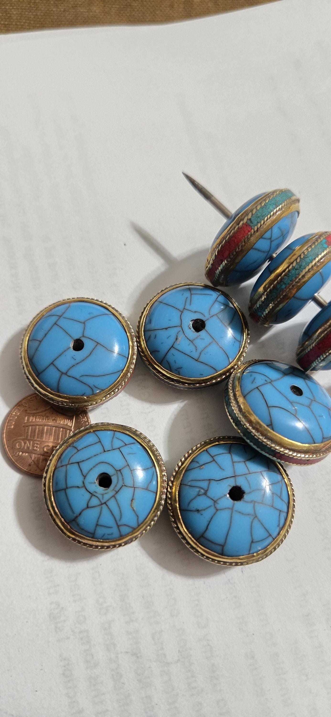 1 BEAD - Reversible Tibetan Donut Disc Bead, Blue Crackle Resin with Turquoise, Coral & Brass Inlay, Nepalese Bead BD519G