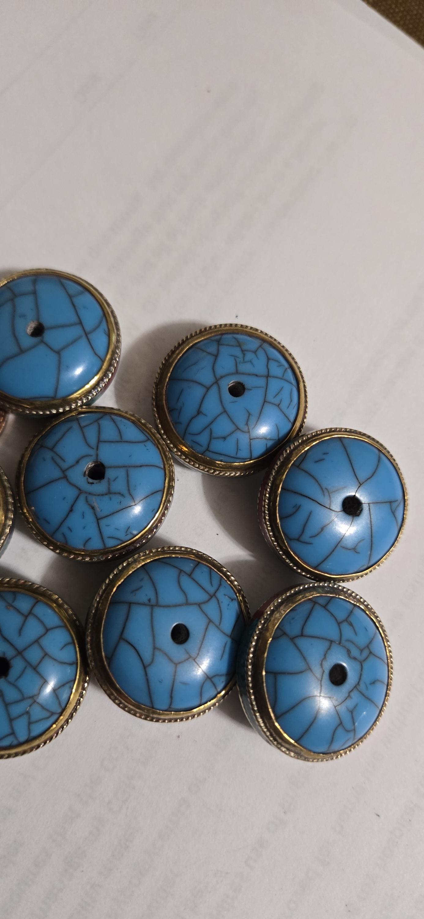 1 BEAD - Reversible Tibetan Donut Disc Bead, Blue Crackle Resin with Turquoise, Coral & Brass Inlay, Nepalese Bead BD519G