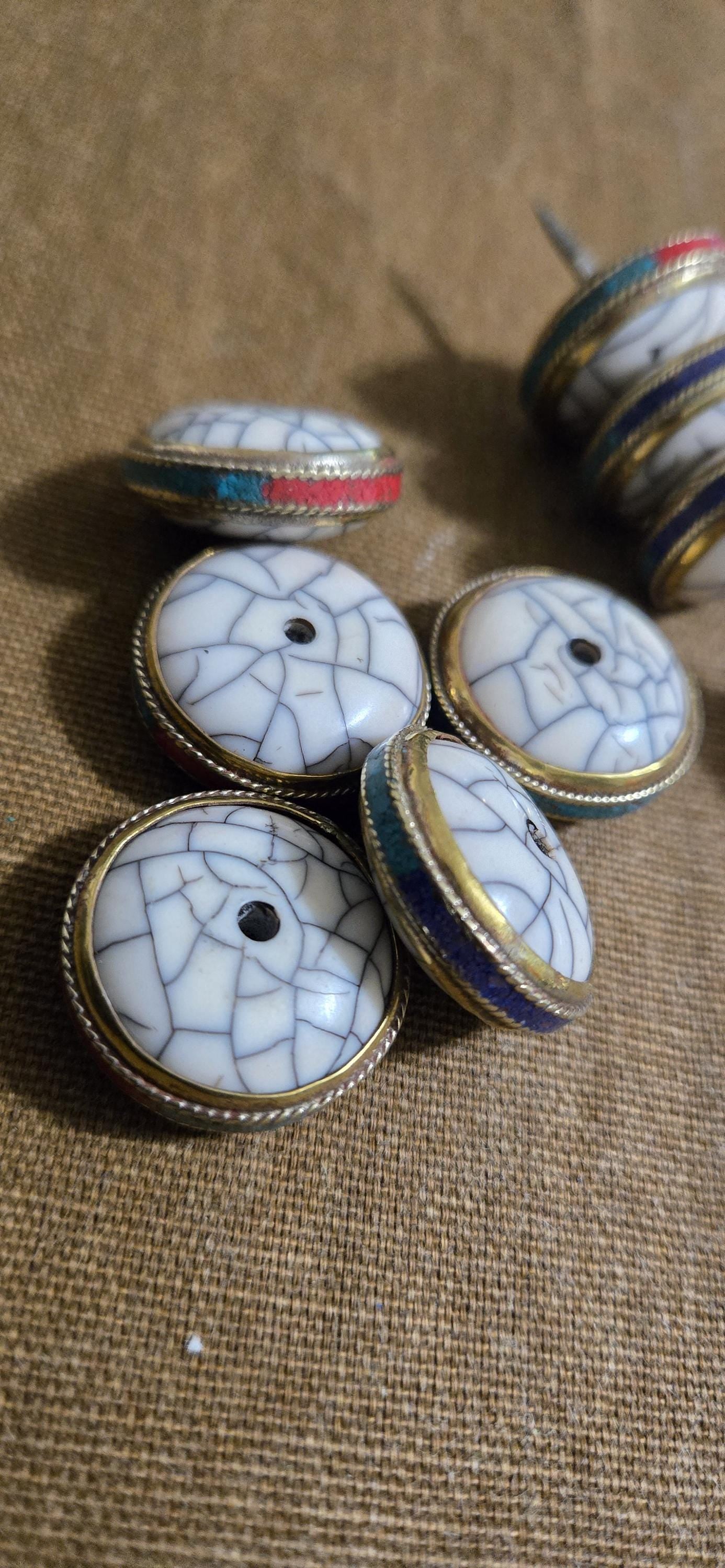 1 BEAD - Reversible Tibetan Donut Disc Bead, White creamish Crackle Resin - mix inlays turquoise, coral or lapis with Brass Inlay BD519H