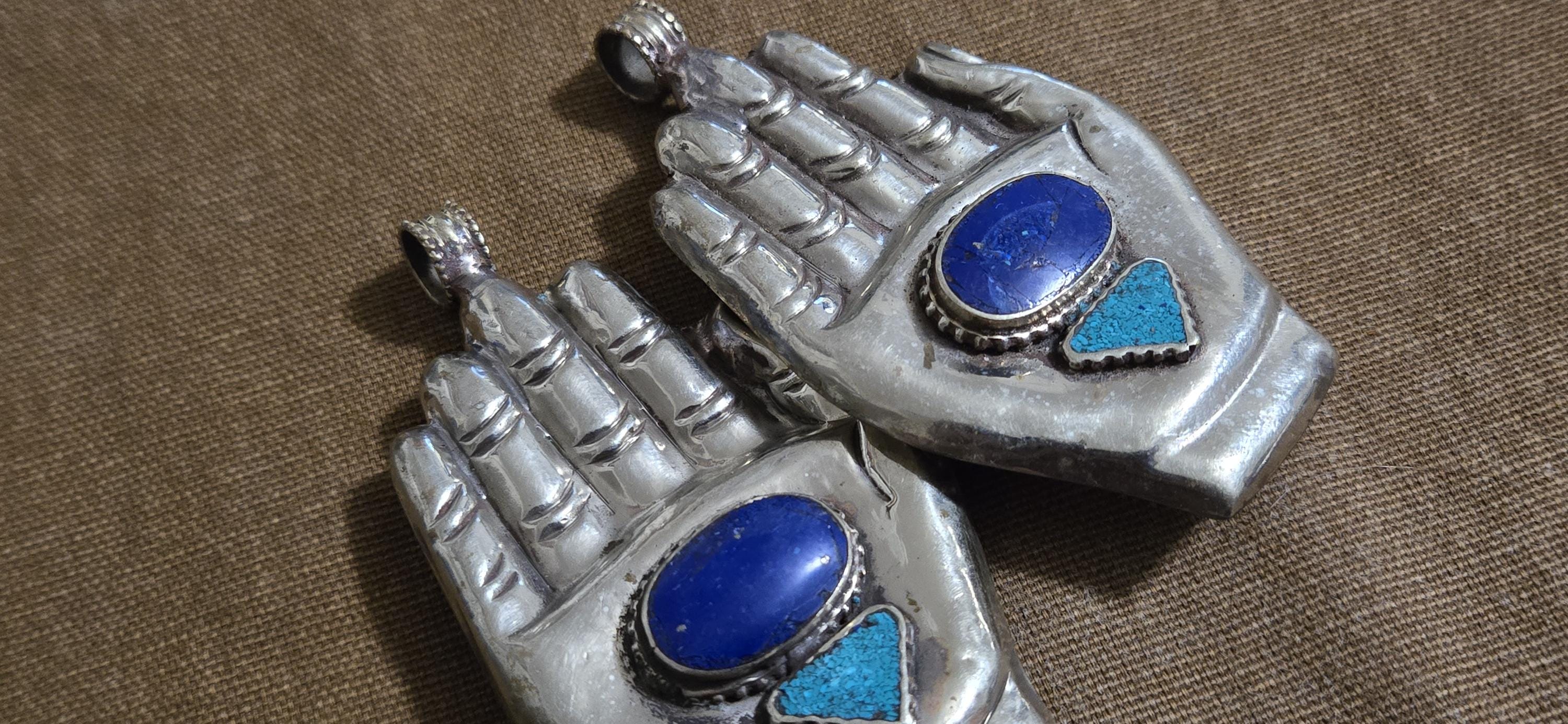 Large bold size Buddha hand lapis turquoise l inlaid Om inscribed reversible pendant rustic antiqued finish- PM240B