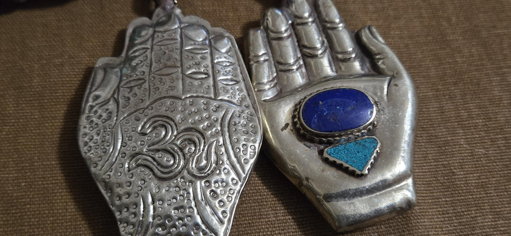 Large bold size Buddha hand lapis turquoise l inlaid Om inscribed reversible pendant rustic antiqued finish- PM240B
