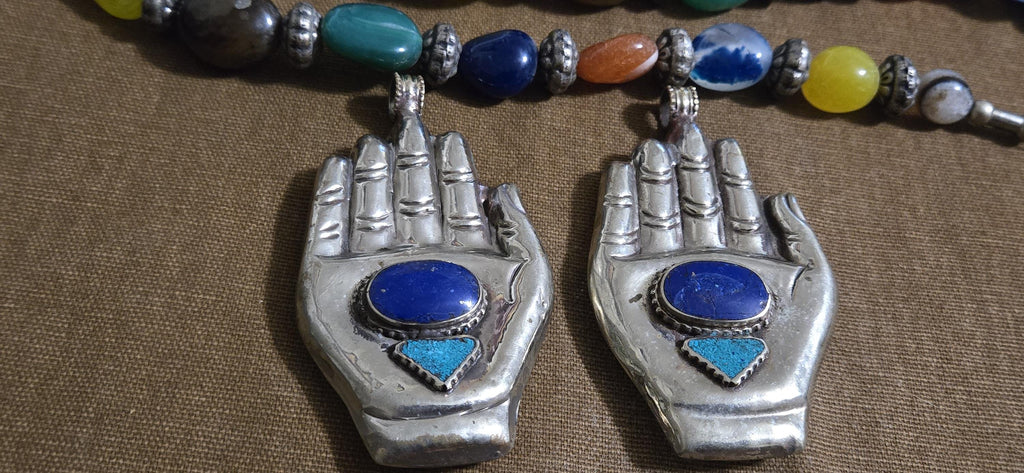 Large bold size Buddha hand lapis turquoise l inlaid Om inscribed reversible pendant rustic antiqued finish- PM240B