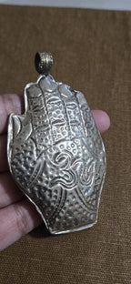 Large bold size Buddha hand lapis turquoise l inlaid Om inscribed reversible pendant rustic antiqued finish- PM240B