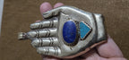 Large bold size Buddha hand lapis turquoise l inlaid Om inscribed reversible pendant rustic antiqued finish- PM240B
